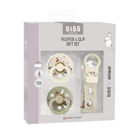 BIBS Moomins Colour Pacifier & Loop Clip Gift Set Latex Str. 2, 6-8 mnd, ivory/sage, 1 sett