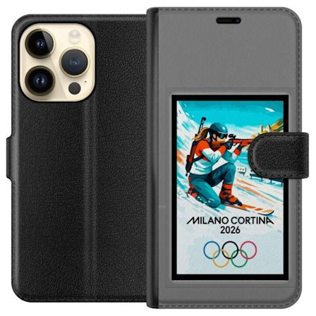 Kompatibelt Lommeboketui til Apple iPhone 15 Pro Retroplakat Cortina Milano 2026 med fjell, vintersportsutøvere, italienske trikolor, Milano-katedrale