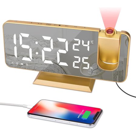 Vækkeur Projektor - Vintage Guld Ur RadioTemperatur Fugtighed Display Digital Vækkeur USB Opladningsport 180° Rotable Projektion Tid