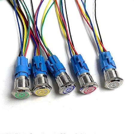 5 stk. Metal Trykknap Switch 12v Ringlampe Strømsymbol Vandtæt LED Lys Selv-lås reset med stik 220