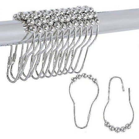 Gardin kroge i rustfrit stål, baderulle bruseforhængsringe, krog med 5 ruller, poleret satinnikkelkugle, 12 stk.