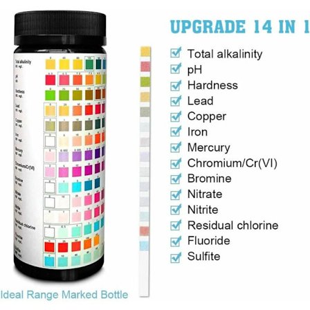 100 Vandkvalitetsteststrimler - 14 i 1 til drikke- og brøndvand, detekterer klor, alkalinitet, hårdhed, pH, nitrit og mere