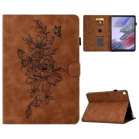 Suojaava kotelo Samsung Galaxy Tab A7 Lite 8,7 tuuman T220 / T225:lle, perhoskukallinen reliefikuvio, PU-nahka, ommellut reunat, ruskea