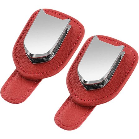 Solbrillerholder Universal Bil Solskjerm Klips Lær Brilleholder for Bil, 2 Pakker (Rød)