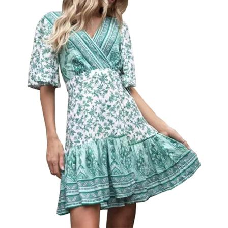 ivimos Dam Sommar Kortärmad Casual Bohemian Strand Volang Blommig Tryck Rosett Kort Solklänning Vitgrön XX-Large