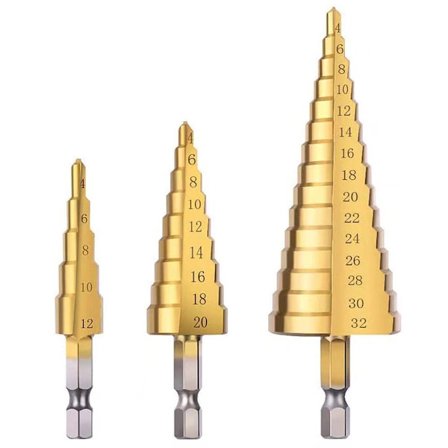 3 stk. trinnbor med titanbelegg HSS koniske bor for tre, rustfritt stål og metallplater