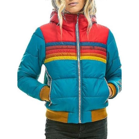 Dame Regnbue Lynlås Vinter Dunjakke Casual Stribet Hætte Pufferjakke
