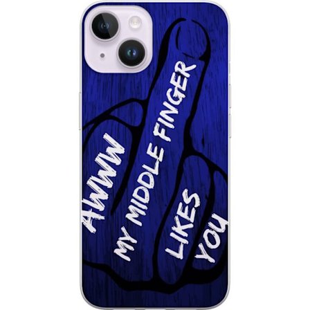 Kompatibelt Mobildeksel til Apple iPhone 15 Plus Mørk typografisk illustrasjon med hjerteform og budskap om vennskap mot dyp blå tretekstur