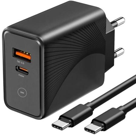 30W 2-i-1 PD 20W+QC 3.0 USB-C oplader med 1M USB-C kabel til Samsung S9+ S9 S10+ S10e S10 - Sort