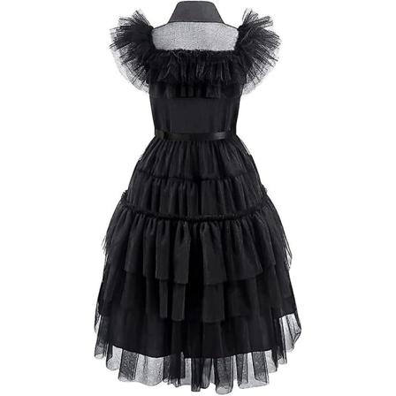 Onsdag Addams-kostym för flickor, barn, Halloween-kostymer, klänning med peruk och strumpor, familjekostym 140cm