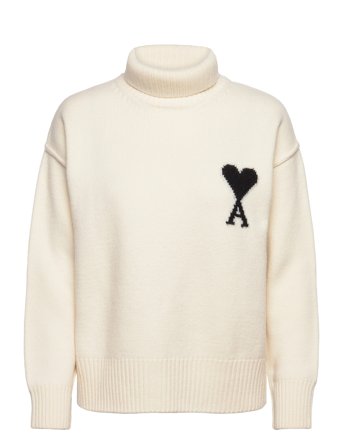 AMI Funnel Neck Sweater With Contrasted Ami De Coeur - White - XL