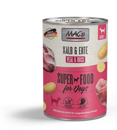 Mac's Super Food for Dogs Kalv og And Våtfôr 6x400g