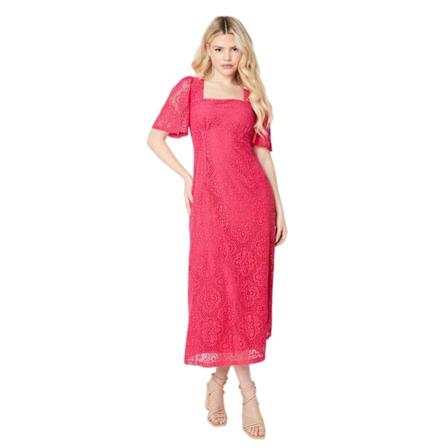 Dorothy Perkins Dam/Kvinnor Spetsdetaljerad Midiklänning med fyrkantig halsringning Hot Pink 8 UK