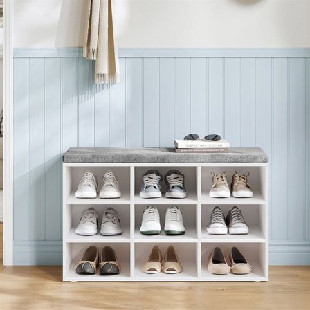 Förvaringsbänk med stoppad sits och 9 fack - Vit/Grå