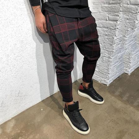 Rutigt Haremsbyxor För Män Med Fickor. Skinny Byxa Wine Red Xl