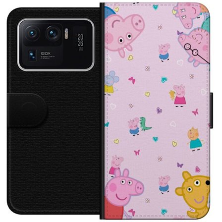 Kompatibel Tegnebogsetui til Xiaomi Mi 11 Ultra Peppa Gris med en baby i armene, morgris motiv i farverig og blød børneillustration med hjerter