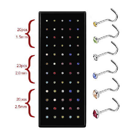 60 St/ Set Strass Nos Ring Ben Stud Rostfritt Stål Color Hook 1.5/2.0/2.5mm