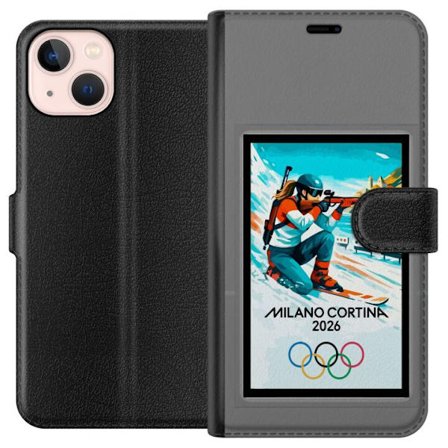 Kompatibelt Lommeboketui til Apple iPhone 13 mini Retroplakat Cortina Milano 2026 med fjell, vintersportsutøvere, italienske trikolor, Milano-katedral