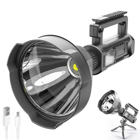 Uppladdningsbar spotlight ficklampa med hög lumen, 90 000 lumen Superbright led sökarlampa med stativ och USB utgång, Ipx5 vattentät 4 lägen Ha