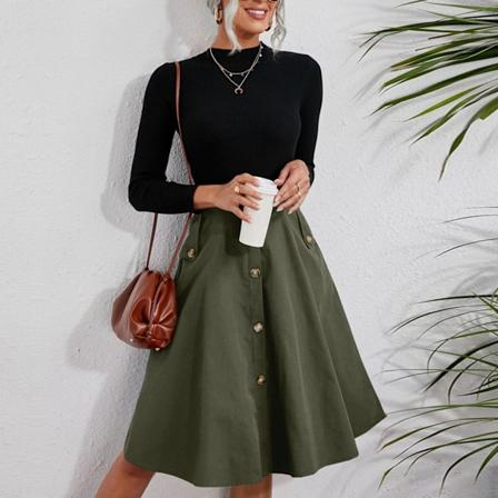 A-linje Flared Skirt Ensfarvet Midi Højtaljet Dobbelt Lommeknap Front Flared Skirt OD Grøn XL