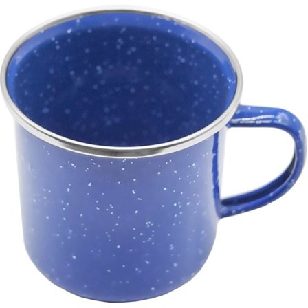 Emaljekop, udendørskrus, campingkop, kaffekop, metalkop, klassisk formfuldt design, blå med hvide prikker 300 ml