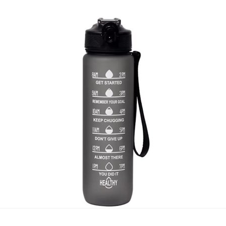 Sort Vandflaske - 1 Liter Drikkeflaske - Vandflaske med Tidsstempel - BPA Fri - Voksen - Børnedrikkeflaske