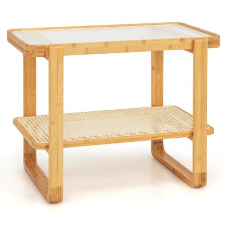 Soffbord med avtagbar glasskiva & rottinghylla Soffbord med bamburam