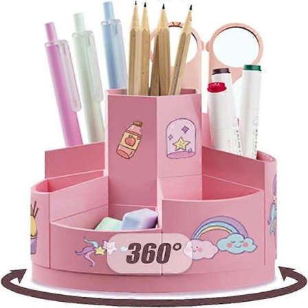 360° Roterbar Roterende Penneholder, Kreativ Penneholder, Skrivebordsorganisator, med 2 Tegneserie-klistermærker, med 7 Rum (Pink)
