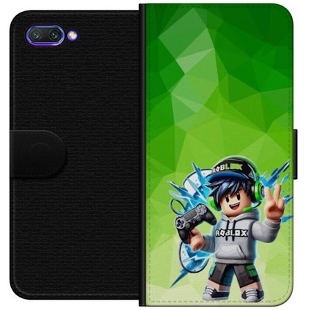 Yhteensopiva Lompakkokotelo Honor 10 Roblox-inspiroitu pelaajahahmo, jossa on kuulokkeet, ohjain ja energiset efektit vihreää taustaa vasten