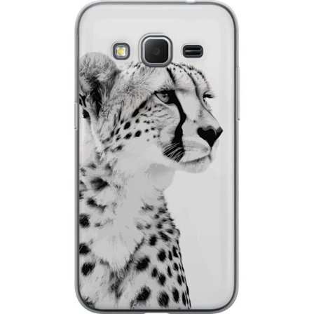 Samsung Galaxy Core Prime Gjennomsiktig deksel Stilsiktig svart-hvit nærbilde av en gepard med rolig blikk og elegante markeringer som fremhever dens