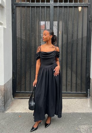 Bubbleroom Occasion - Draped Off Shoulder Corset Midi Dress - Black