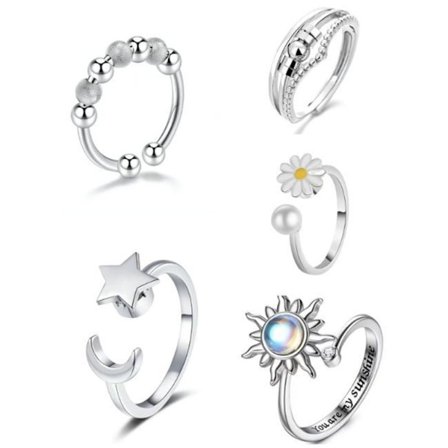 Fidget-Ringar För Ångestlindring, Justerbara Ringar Set, Justerbara Ringar, Fidgetringar Dampärlband, Anti-Stressring, Silver Roterande Ring