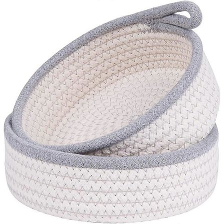 Litet korgset med 2 mini vävda korgar runda bomullsrepskorgar små förvaringskorgar för organiseringslådor