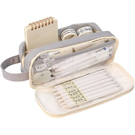 Suurikokoinen penaali PVC-penaali Kaksikerroksinen kynälaukku Esteettinen penaali Toilettilaukku Koulutarvikkeet Harmaa