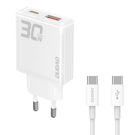 Dudao GaN USB-C-lader 30 W med USB-A, USB-C og USB-C–USB-C-kabel – hvit
