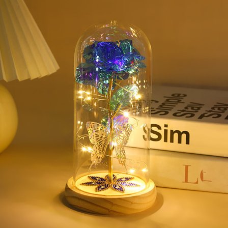 Simuleret Guldfolie Rose med Syv-Stjernet Diamant Glas Lampeskærm - Evig Rose Dekorativt Stykke - Blå