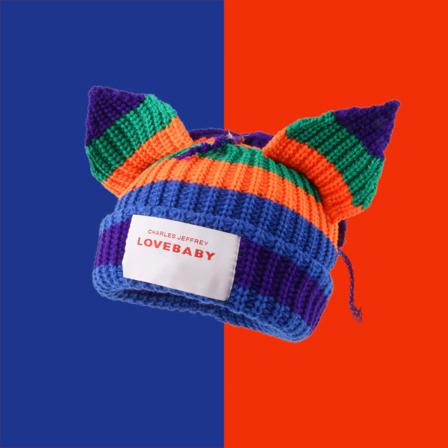 Varm vinterstrikk lueluer Katteøreull Dame Tykkede øreklaffer Slipover Unisex Rainbow triColor M(56-58cm)