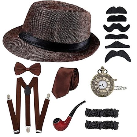 1920-talls Herre Gatsby 8-delt Tilbehørssett Hatt Seler Sløyfe