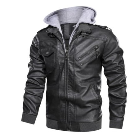 Mænd Retro Motorcykel PU Læderjakke, Efterår og Vinter Aftagelig Hætte Jakke Grå