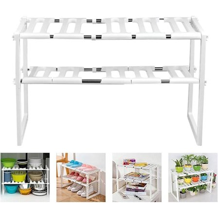 2-vånings justerbar utdragbar diskbänkhylla, fristående kökshylla i stål, förvaring i badrum och kök - vit
