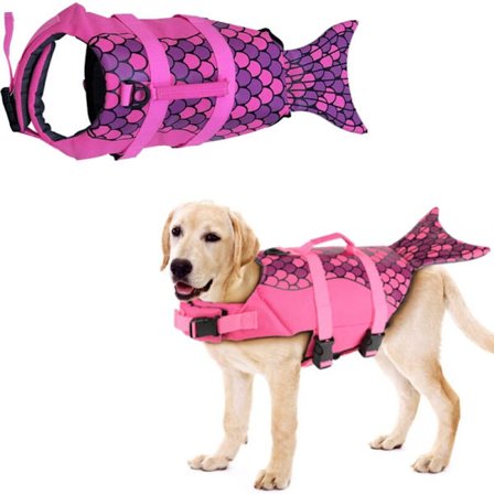 Hundeflydevest med havfruemotiv, Ripstop hunderedningsvest med håndtag til små, mellemstore og store hunde (Red Rose, XS)