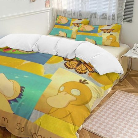 Sengetøysett GD497 Psyduck Dynetrekk Morsom Anime Tegneserie Sengetøysett Lett 3-delt Dynesett, 1 Dynetrekk og 2 Putetrekk HZ497