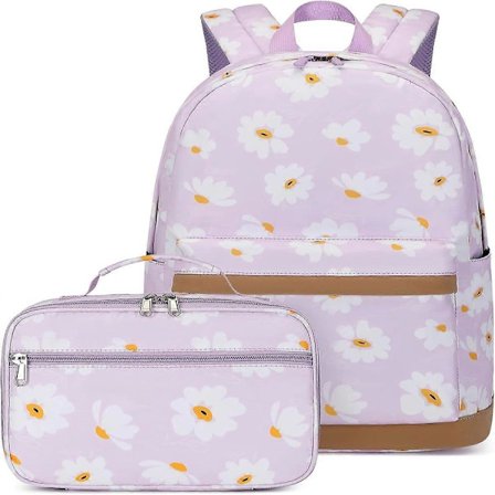 Daisy Prints til Pige Skoletaske Primær Skoletaske Elementære Studenter Rygsæk med Madkasse Lilla 2 STK