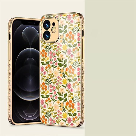 iPhone 12 Pro Max lyxigt glas-skal mönster guld barock fjäder blomma