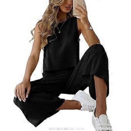 hmwy-dame loungewear ærmeløs tank top brede ben lange bukser sæt (2XL Sort)