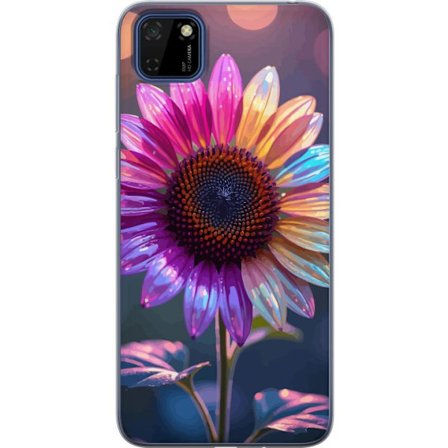 Kompatibelt Mobildeksel til Huawei Y5p Irideserende blomst med glitrende kronblad i rosa lilla og gull mot myk bokeh bakgrunn