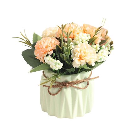 Silkki-hortensia keraamisessa maljakossa, keinotekoiset ruukkukukat elävällä muotoilulla pöydän keskipisteeksi, silkkikukat kodin sisustukseen 