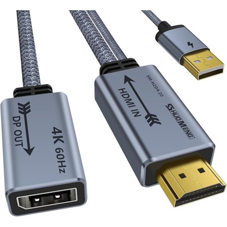 HDMI til Displayport-adapter 4K@60Hz, 2K@120Hz, 1080P@165Hz, HDMI (kilde) hann til DisplayPort (skjerm) hunnkabel med USB-strøm 20cm/0,65ft
