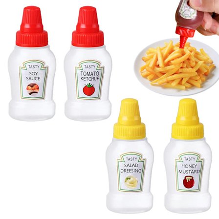 4 kpl mini ketsuppiannostelijoita, 25 ml ketsuppia/hunajaa/soijakastiketta/salaatinkastiketta, pieniä puristettavia kastikepulloja kierrekorkeilla