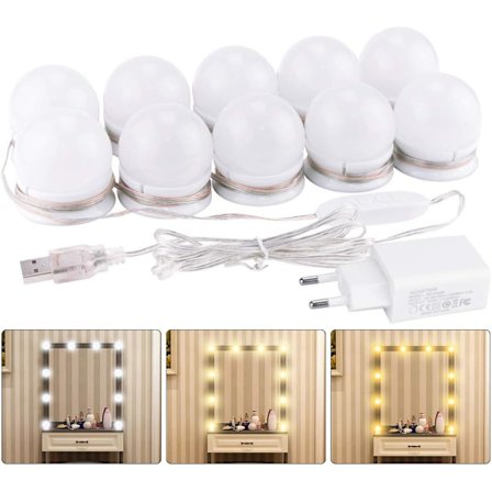 10 stk. Hollywood Lys Dæmpbar LED Spejllampe Badeværelse Makeup Lysstyrke med Adapter (Spejl Ikke Inkluderet) [BR]